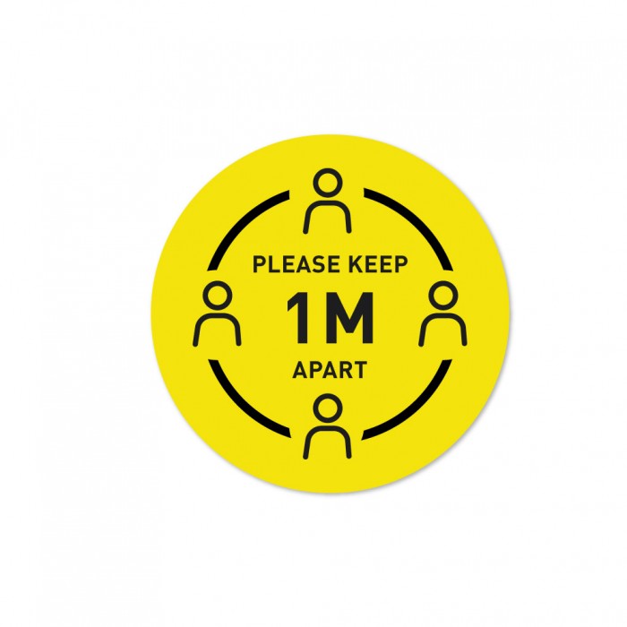 COVID-19 Tabletop Sticker Please Keep 1 Meter Apart 20cm Round Yellow 3pcs